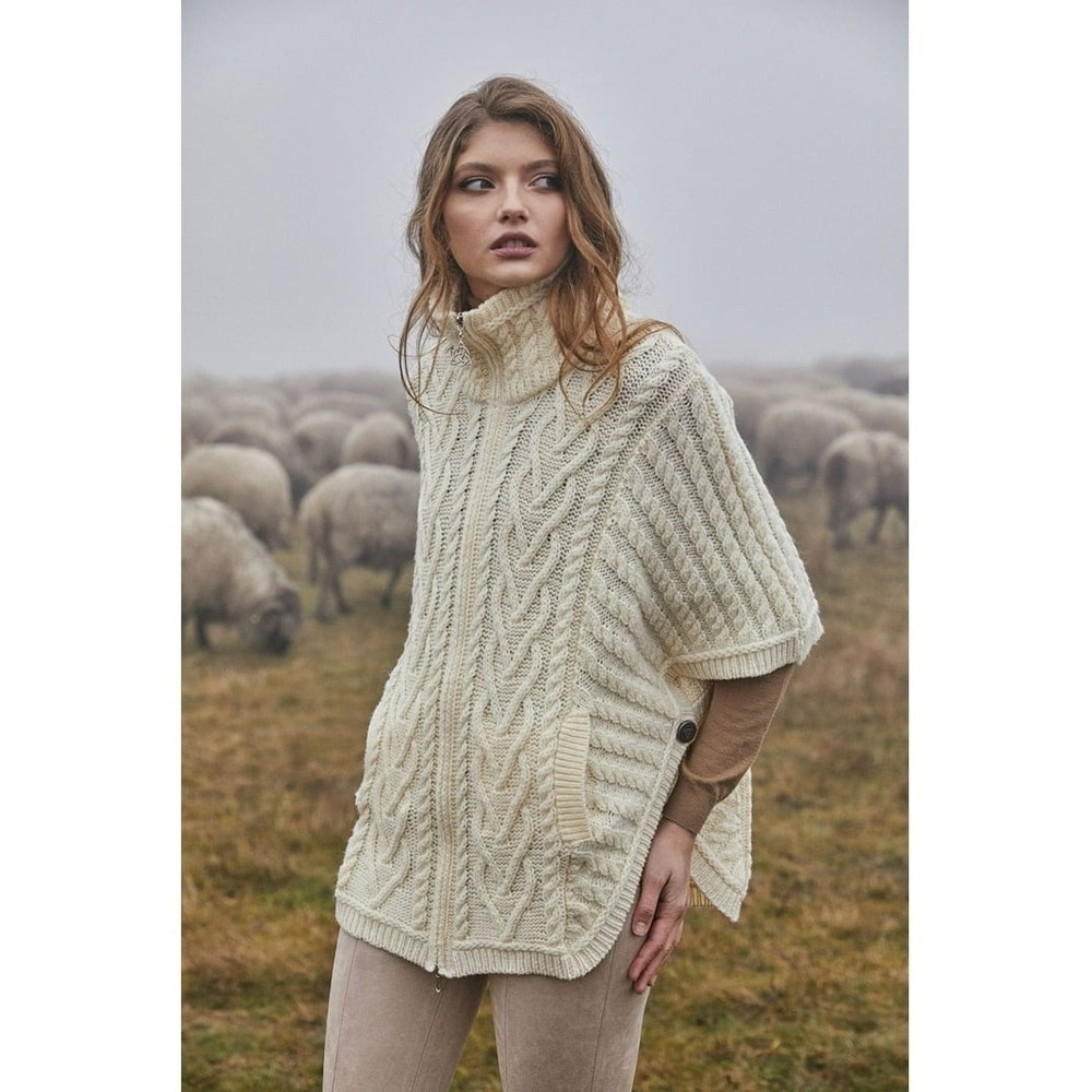 Aran Crafts SAOL Cardigan Cable Knit Sweater Merino Poncho Cape Sz Medium Large